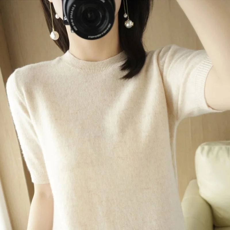 Sweater Short Sleeve O-neck Slim Fit Knitted Pullovers