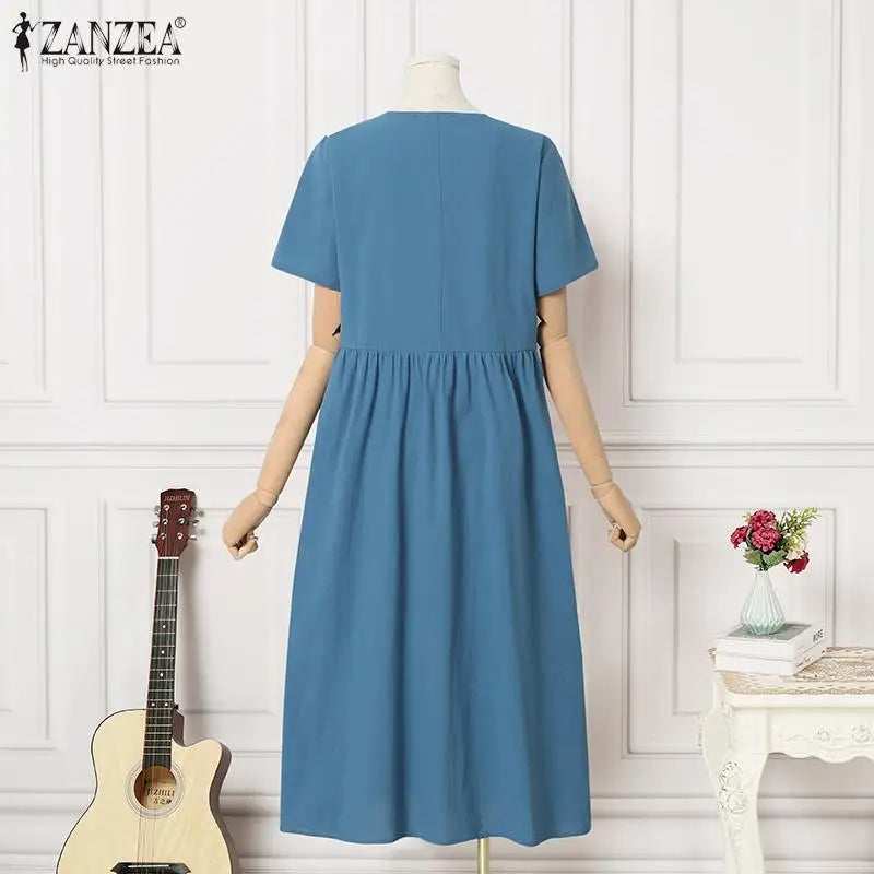 Women Short Sleeve Vintage Cotton Dress Solid Midi Casual Fashion