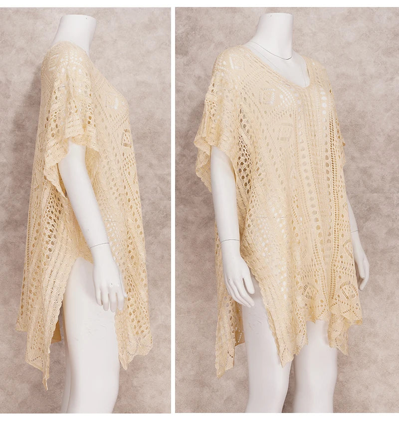 White Crochet Tunic Bikini Cover-ups Hollow Out Short Sleeve Tassel