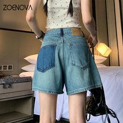 Retro Blue Contrast Design Women's Jeans Fashion Casual Denim