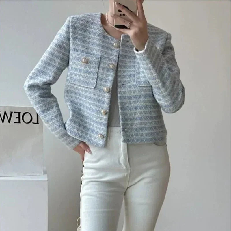 Women Tweed Coat Fashion Single Breasted Cropped Jacket