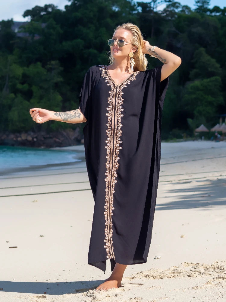 Embroidered Kaftan Long Black Tunic Loose Maxi Dress