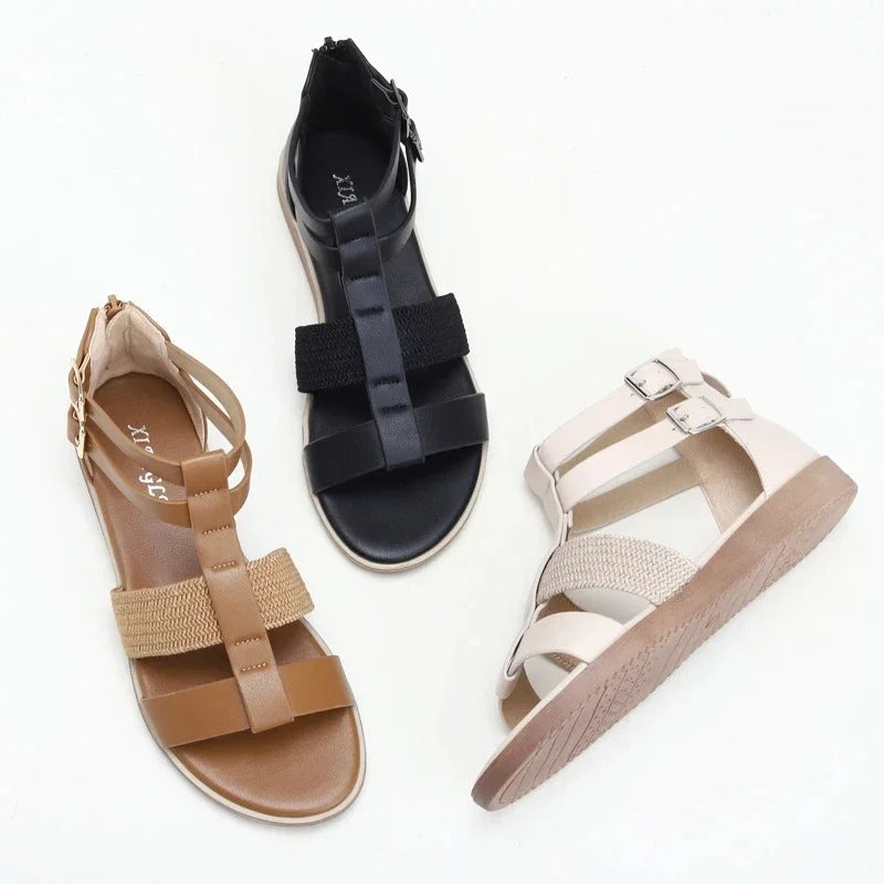 Women Hollow Out Flat Sandal Roman Style Patchwork Double Strap Low Heel Shoes