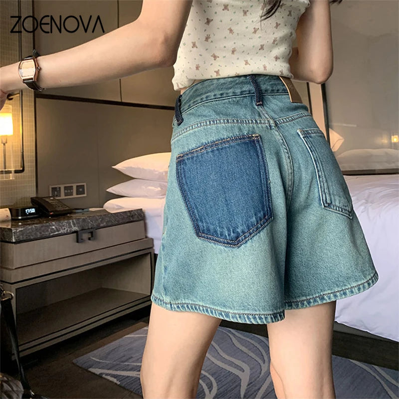 Retro Blue Contrast Design Women's Jeans Fashion Casual Denim