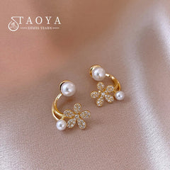 Inlaid Zircon Pearl Flower Earrings Sweet Accessories