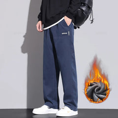 Fleece Casual Pants Men Elastic Waist Straight Thick Work Flocking Trousers