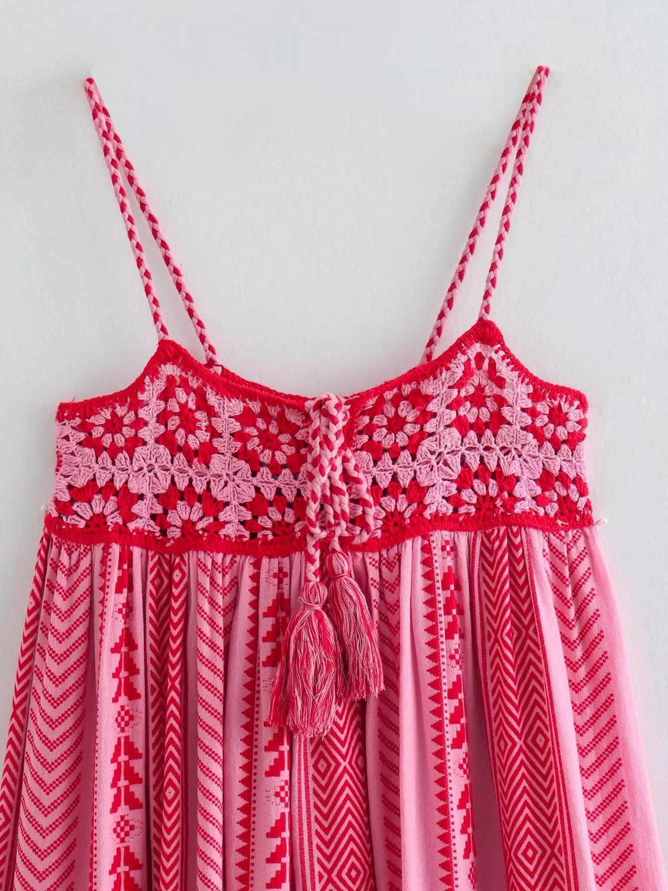 Boho Pink Spliced Crochet Strap Dresses For Women Robe Vintage