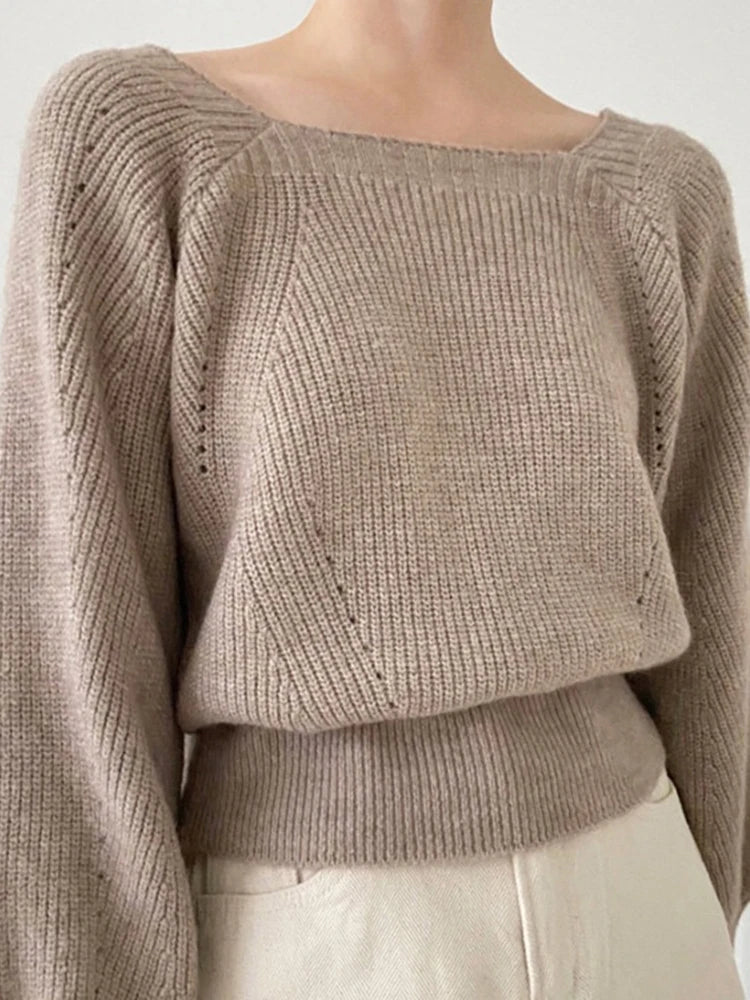 Vintage Square Collar Sweater Long Sleeve Jumper Fashion