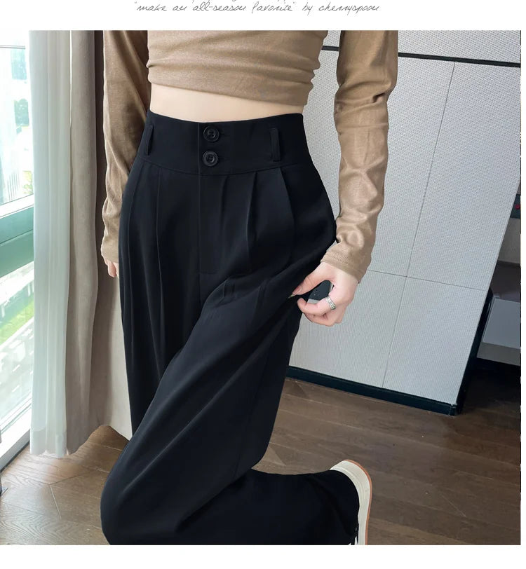 Women'S Loose High Waist Wide Legs Slim Casual Trousers