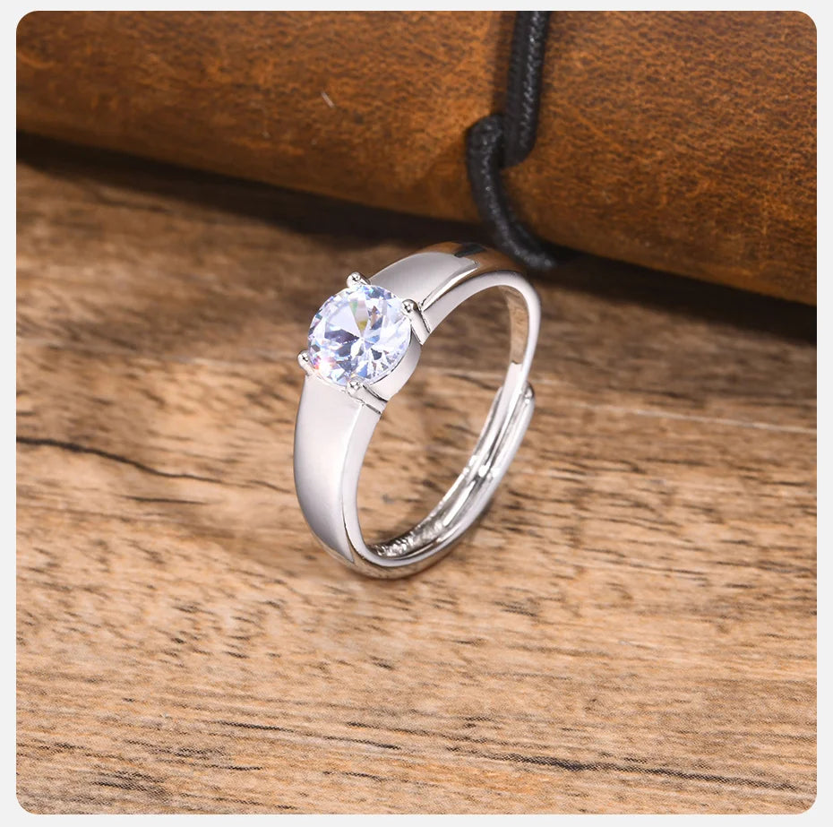 Zircon Ring for Men Silver Plated Adjustable Open Ring