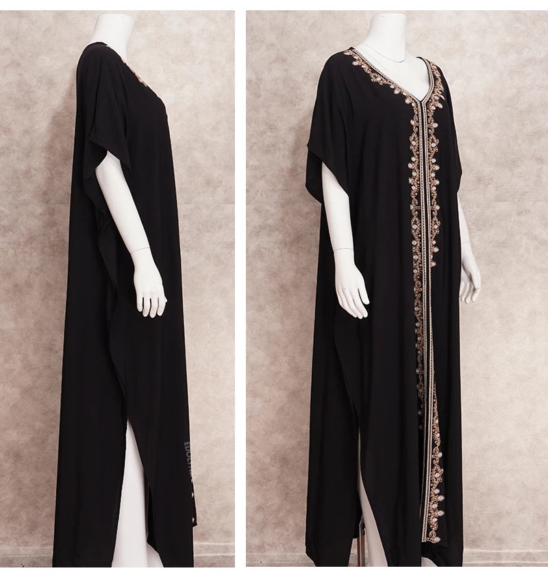 Embroidered Kaftan Long Black Tunic Loose Maxi Dress