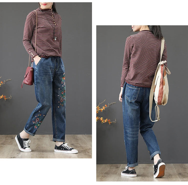 Women's Denim Pants Vintage Flower Embroidery Casual Loose