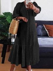 Summer Casual Solid Color Robe V Neck Puff Sleeve Stylish Maxi Sundress