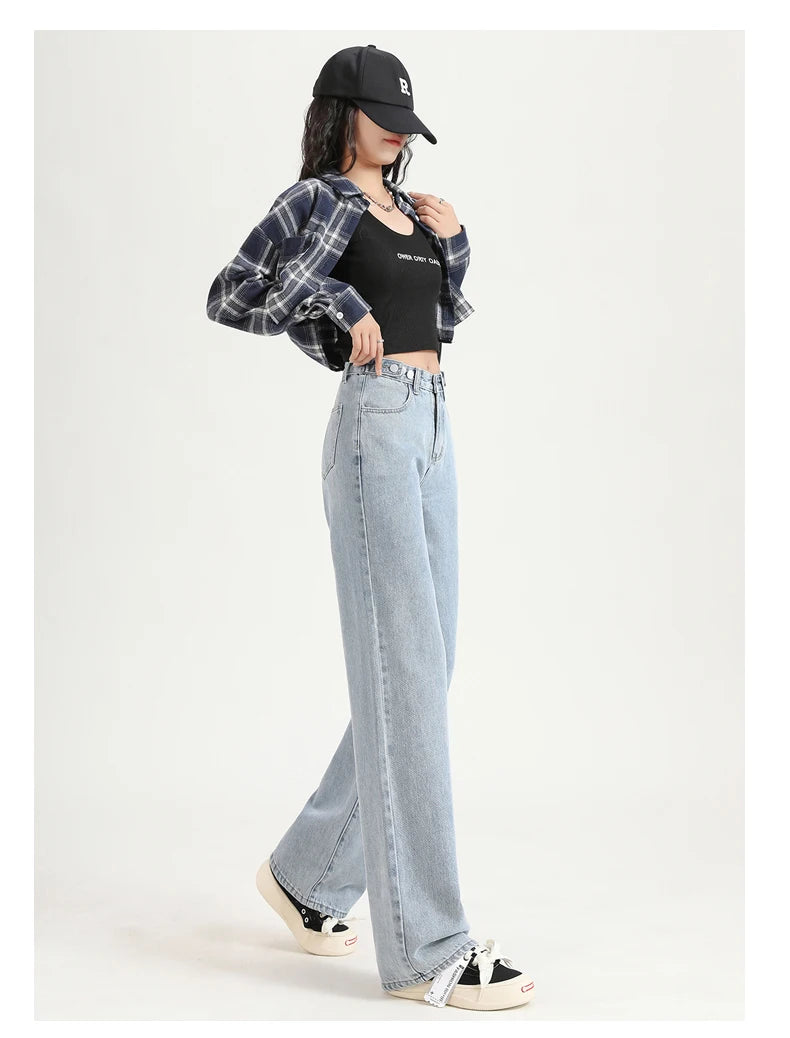 Straight  Jeans Adjust Elastic High Waist Vintage Denim Pants