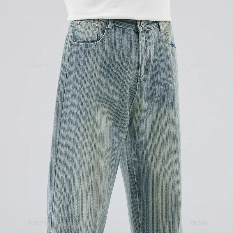 Classic Retro Stripes Men's Jeans Baggy Straight Denim Pants Striped