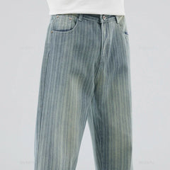 Classic Retro Stripes Men's Jeans Baggy Straight Denim Pants Striped