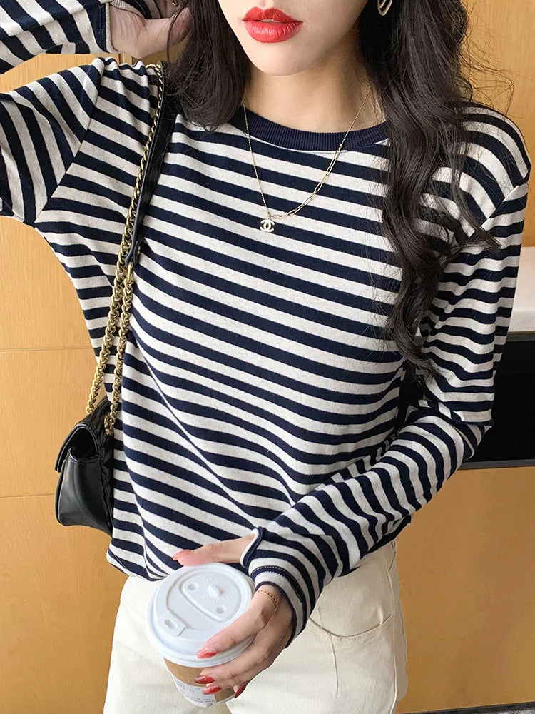 Fashion Stripe T-shirts Women O-neck Long Sleeve