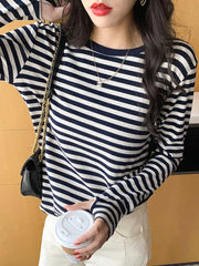 Fashion Stripe T-shirts Women O-neck Long Sleeve