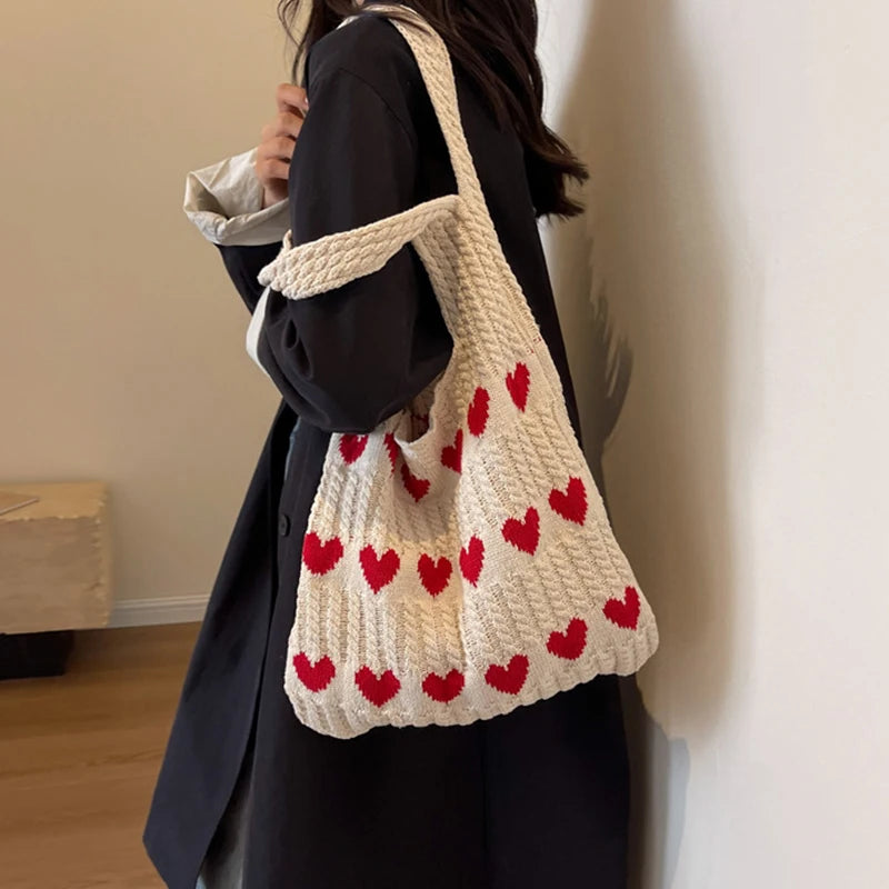 Fashion Heart Shape Pattern Knit Tote Bag Retro style