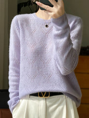 Women O-neck Pullover Sweater Hollow Out Long Sleeve Jumper