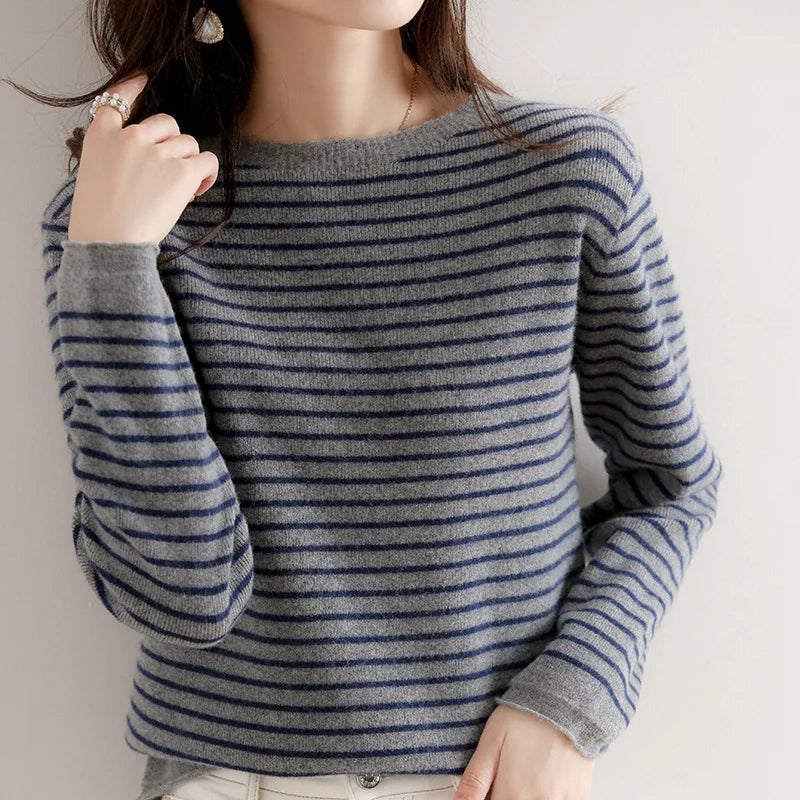 Women O-Neck Striped Sweater Harajuku Retro Pullover