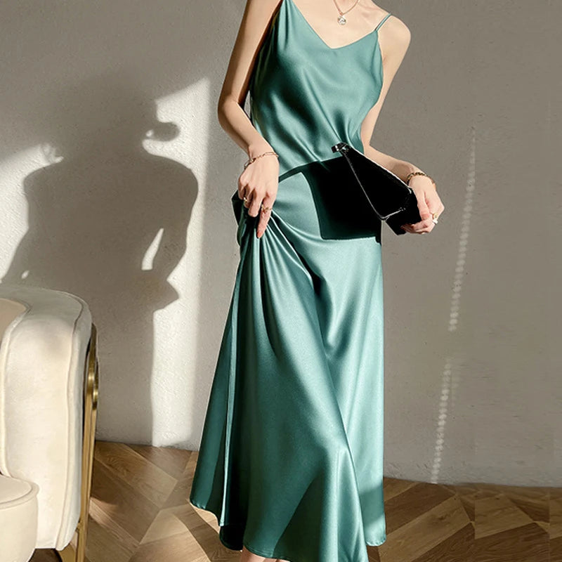 Vintage Satin Women's Dress Summer Spaghetti Strap Long Maxi