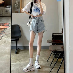 High Waist 2 Buttons Wide Leg Vintage Hole Tassel Baggy Denim Shorts