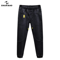 Classic Trend Pocket Men's Black Jeans Elastic Waist