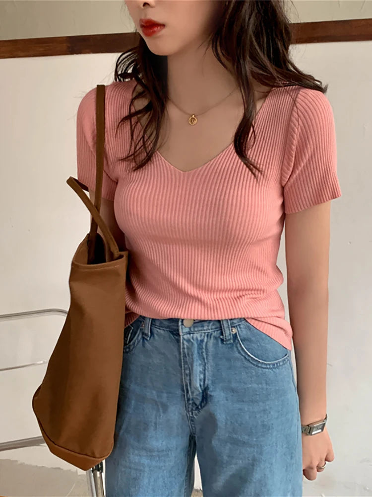 Basic V-neck Solid Thin Summer Pullover Sweater