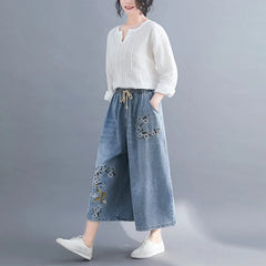 High Waist Wide Leg Jean Retro Ethnic Style Embroidery Floral