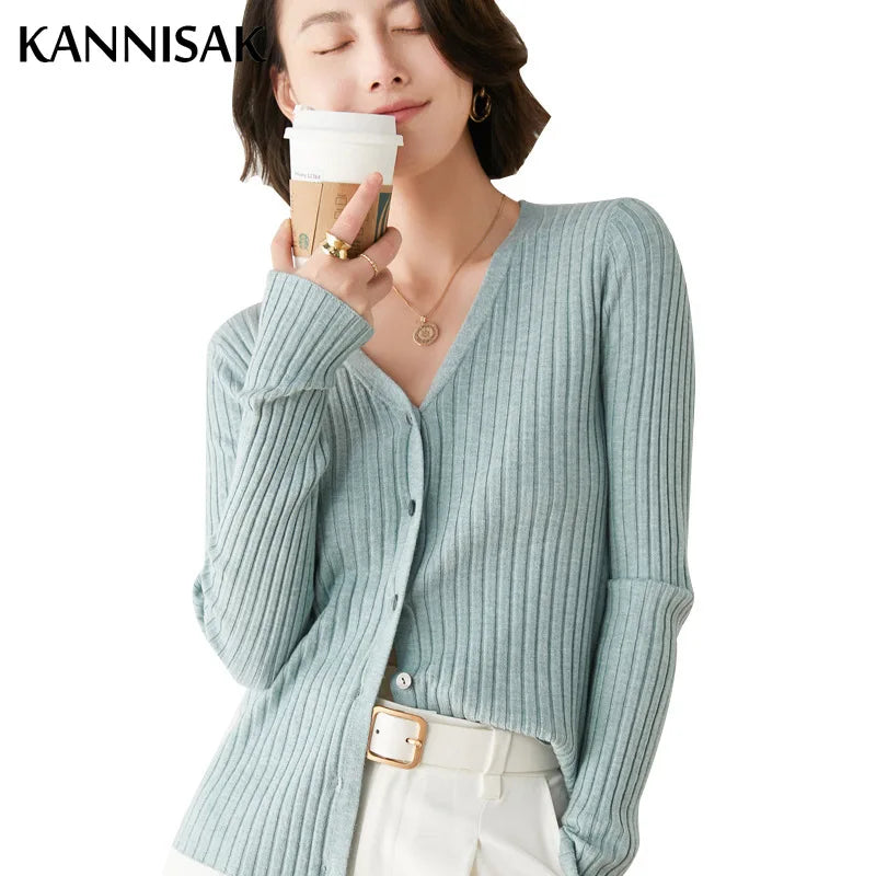 Sweater Cardigans V-neck Single Breasted Slim Fit Stretch Knitted Tops