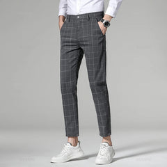 Plaid Stripe Ankle Length Men Business Long Length Pant