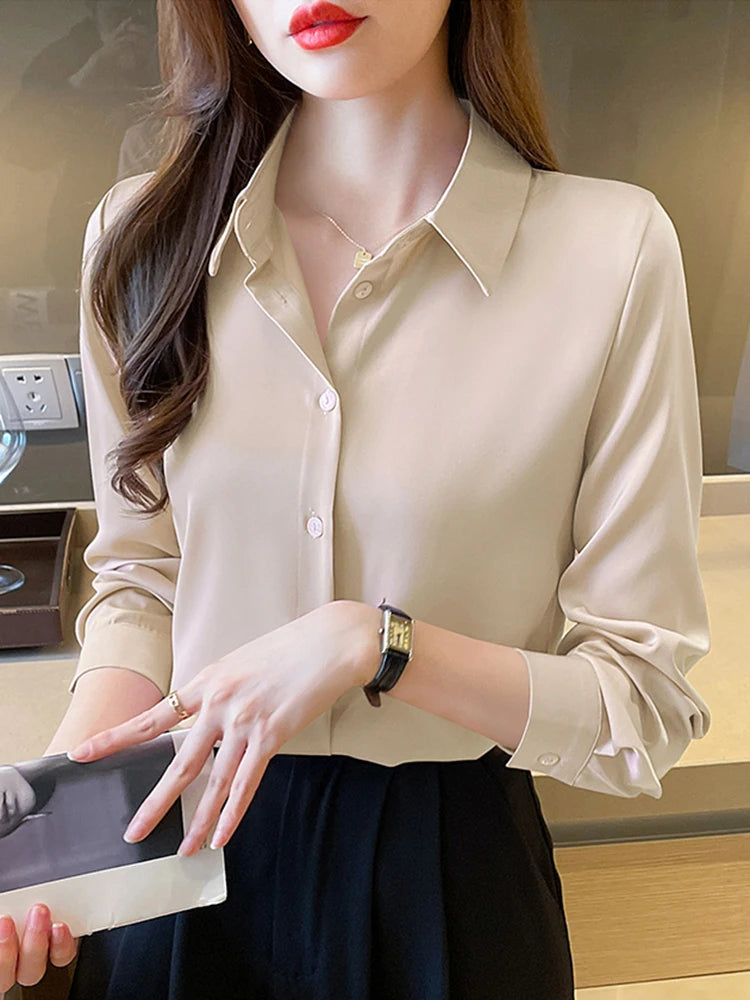 Minimalist Long Sleeve Satin Blouses Shirt Style Solid