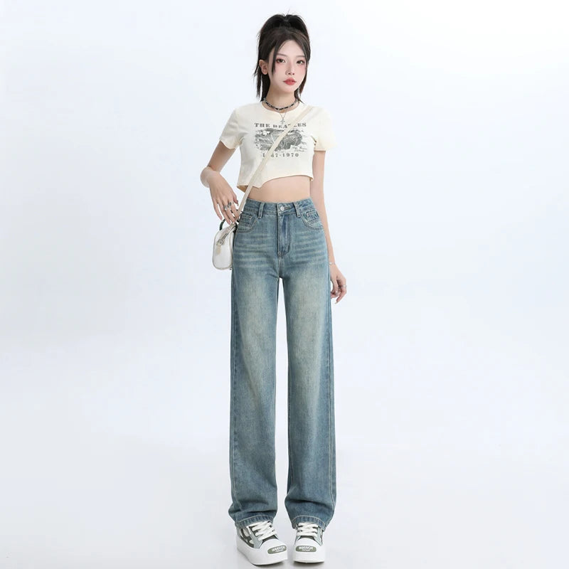 Woman Jeans High Waist Wide Leg Jean Cotton Denim Clothing Straight Leg