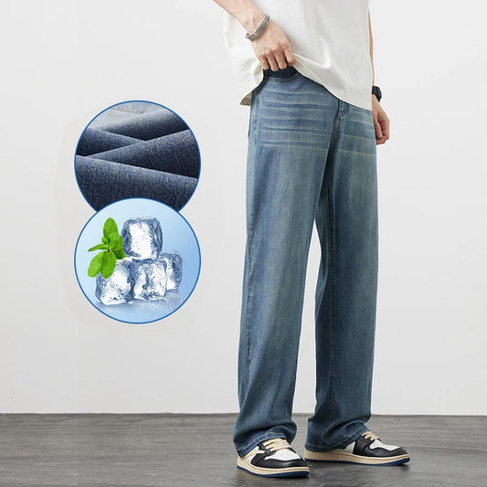 Thin Men's Lyocell Loose Straight Jeans Wide Leg Denim Trousers