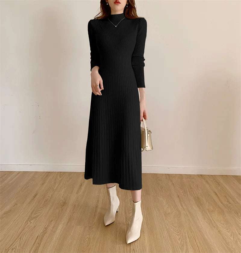 Long Sleeve Midi Knitted Half High Collar Elegant Knitted Sweater Dresses