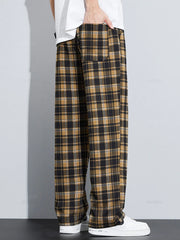 Classics Plaid Casual Pants Loose Straight Wide Leg Elastic Waist Jogger