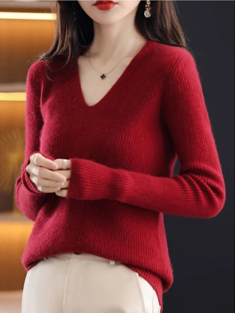 Women Wool V-neck Sweater Jumpers Solid Pullovers Tops