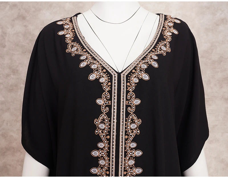 Embroidered Kaftan Long Black Tunic Loose Maxi Dress