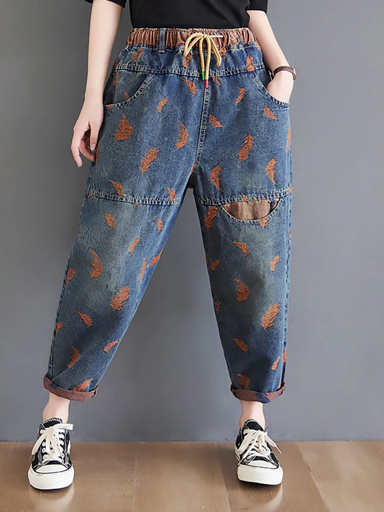 Jeans For Women Spring Street Embroidery Color Contrast Loose