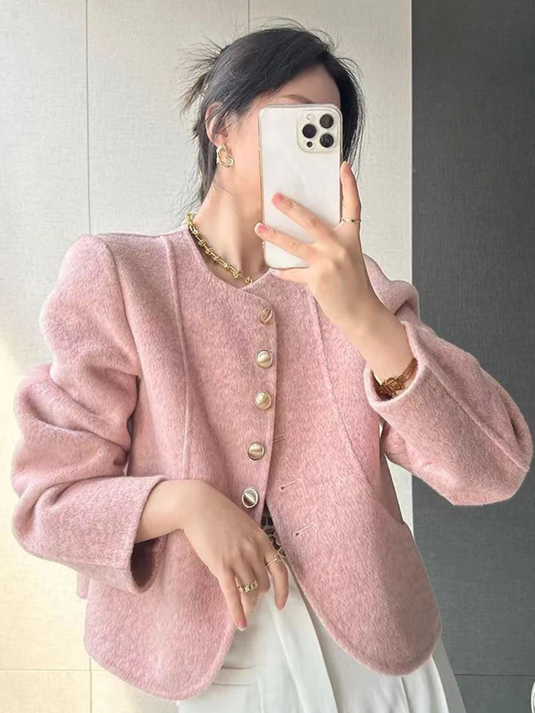 French Elegant Tweed Jacket Fashion Sweet Single Breasted Coat