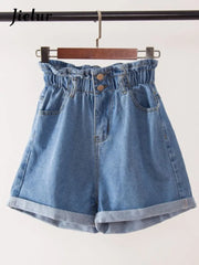 Denim Harem Ruffled White Blue High Waisted Shorts