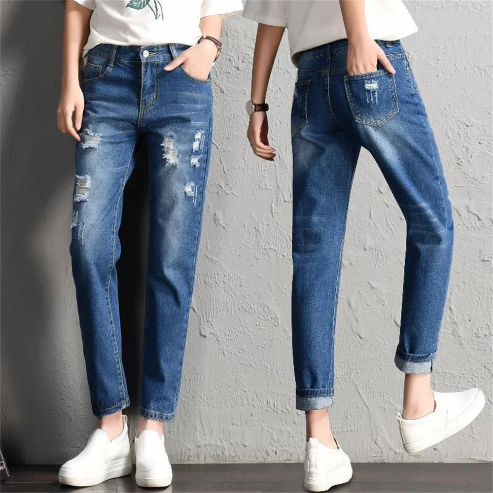 Fashion Mid Waist Boyfriend Big Ripped Hole Jeans Casual Denim Pants