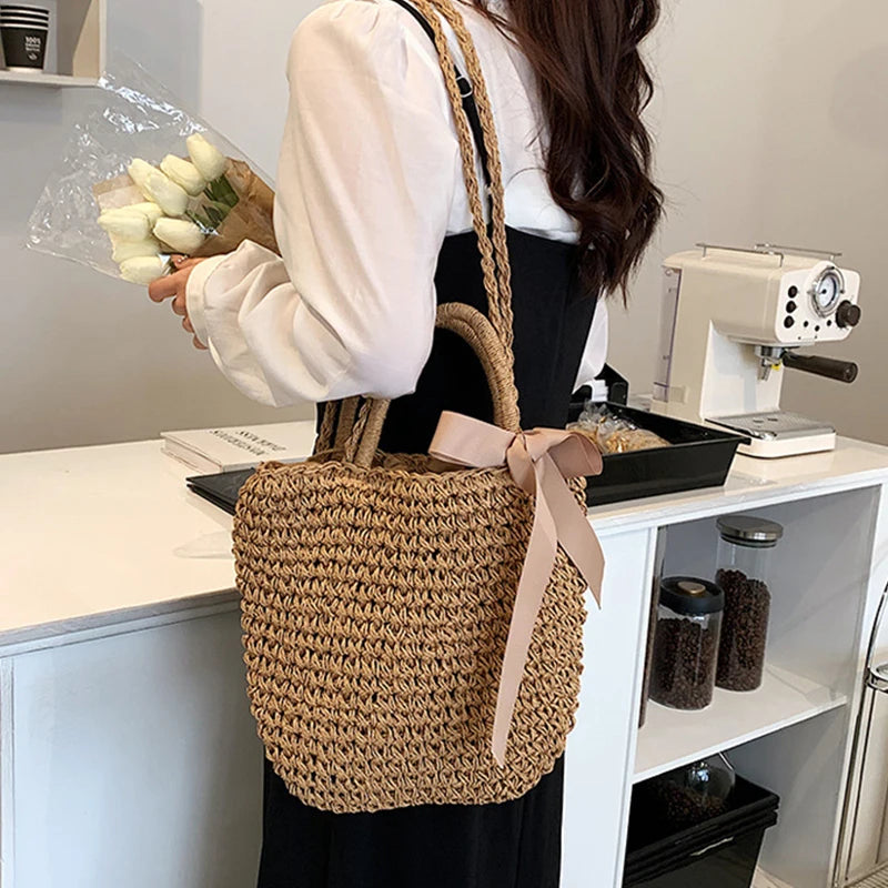 Handmade Straw Bags Ribbons Bowknot Beach Knitting Handbags