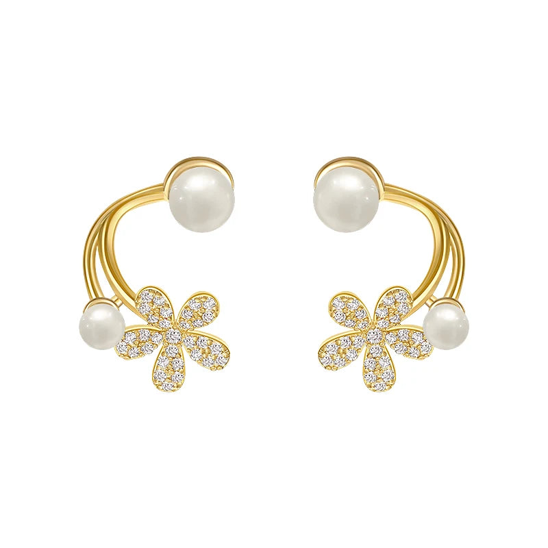 Inlaid Zircon Pearl Flower Earrings Sweet Accessories