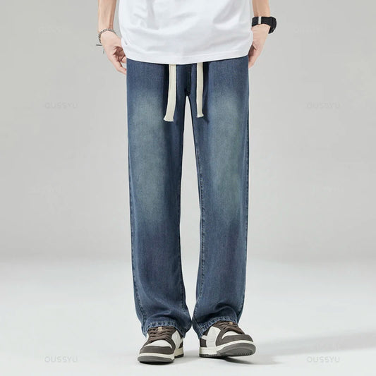 Summer Men's Jeans Loose Straight Pants Elastic Waist