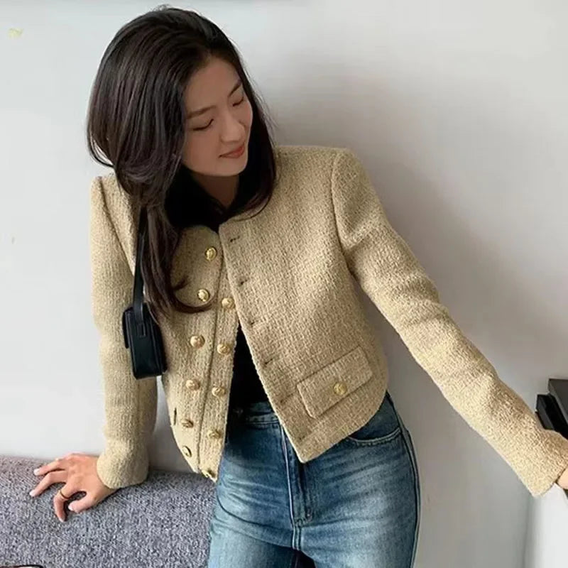 Vintage Tweed Jackets Elegant Chic Double-Breasted with Pocket Jacke