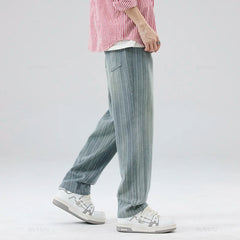 Classic Retro Stripes Men's Jeans Baggy Straight Denim Pants Striped