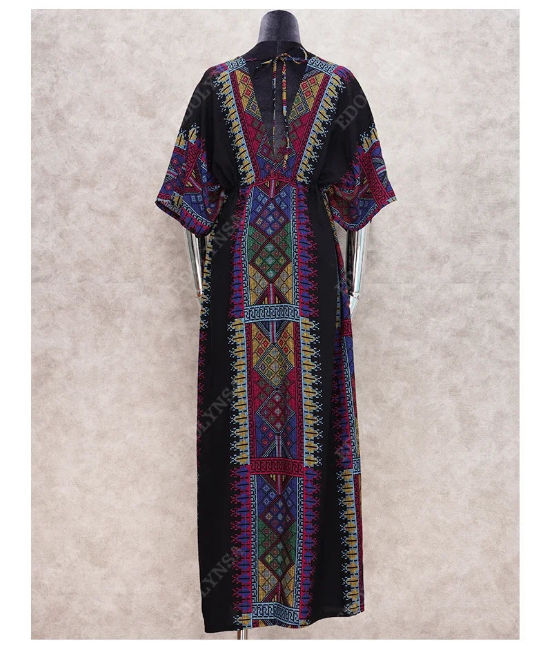 Neck V Back Side Split Black Indie Folk Kaftan Dress