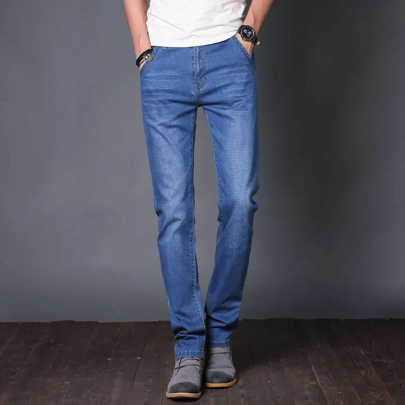 Classic Thin Denim Jeans Lightweight Elastic Simple Casual Trousers